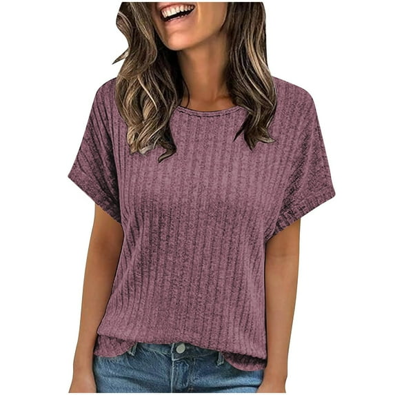 ZQUUVOU Women's New Solid Color Round Neck Strip Knitted Short Sleeve Top Purple