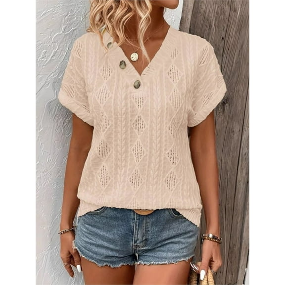New Women's New Solid Color Shirt Casual V-neck Button Pullover Short-sleeved Tshirt Fashion Lace Hollow Short Sleeve Summer Shirts