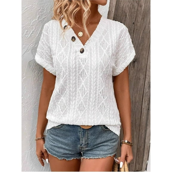 New Women's New Solid Color Shirt Casual V-neck Button Pullover Short-sleeved Tshirt Fashion Lace Hollow Short Sleeve Summer Shirts
