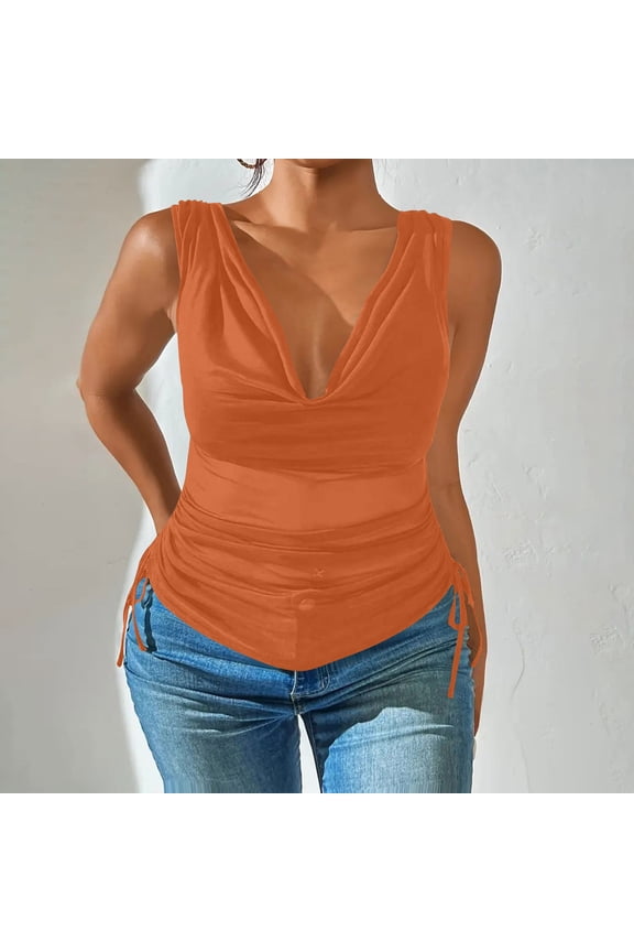 Women's New Solid Color V-Neck Pile Neck Camisole Sleeveless Semi-Transparent Drawstring Top for Women Stylish Casual Sleeveless Vest Top