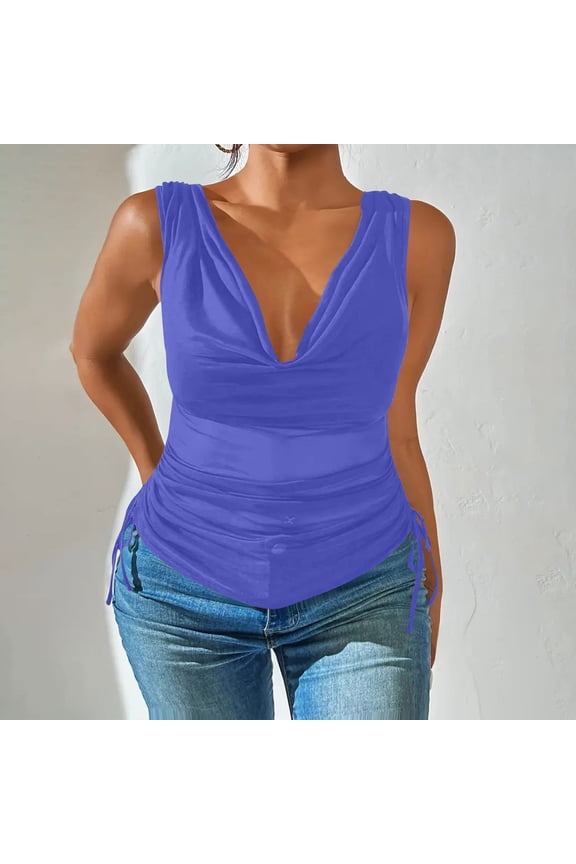 Women's New Solid Color V-Neck Pile Neck Camisole Sleeveless Semi-Transparent Drawstring Top for Women Stylish Casual Sleeveless Vest Top