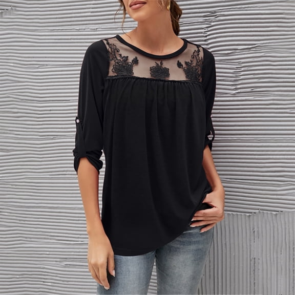Women's New Splicing Temperament -quarter Sleeve Lace Pleated Top Stretch Shirts Women Hike Long Sleeve Shirt Medium T Shirts Women Sports T Shirt for Women Turtleneck Tee for Women Casual Fit Top