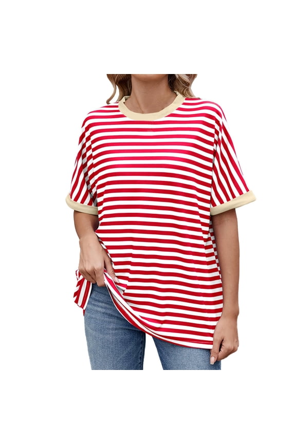 Women's New Spring/Summer Striped T-Shirt Contrast Color, Round Neck, Loose Fit, Skin-Friendly Fabric
