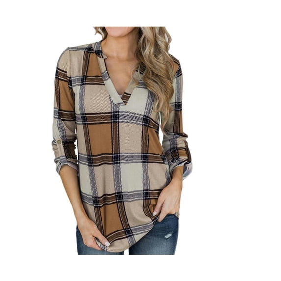 Women's New Spring and Autumn Shirt Plaid Printed V-Neck Long-Sleeved Top T-Shirt-Khaki-M