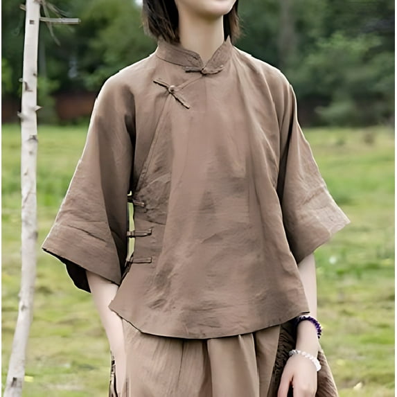 Women's New Standing Collar Chinese And Linen Elegant Shirt Women's Retro Improved Sleeve Thin Top Womens Foil Top Large Woman Shirt Light Shirts for Women Workout Shirt Womens Athletic Long Sleeve