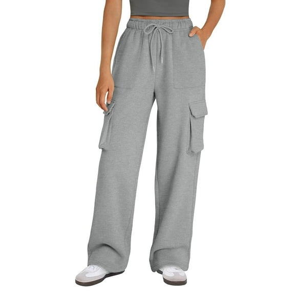 Women's New Straight Tube Solid Color Multi Pocket High Waisted Drawstring Work Pants