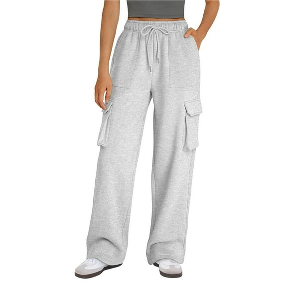 Women's New Straight Tube Solid Color Multi Pocket High Waisted Drawstring Work Pants