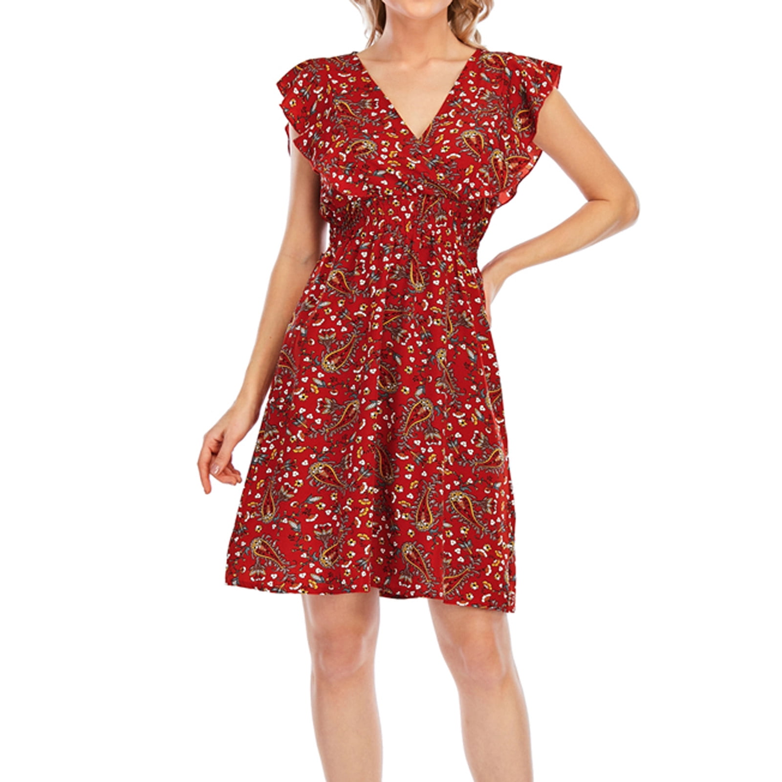 Women's New Summer Casual Vneck Multicolor Chiffon Print Sleeveless Dress Black V Neck Dress