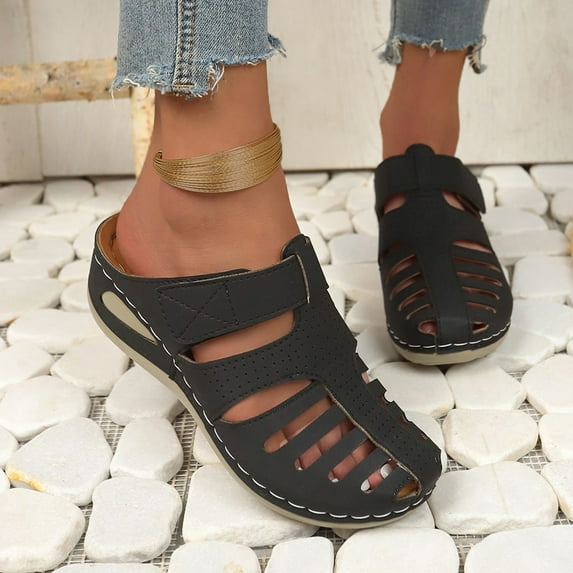 Women's New Summer Large Hollowed-out One Line Wedge Comfortable Casual Beach Sandals Sandals for Women Black 43