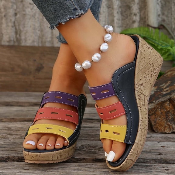 Women's New Summer Large Size Mixed Color Muffin Fish Mouth Wedge Sandals Sandals for Women 2025 Black 36