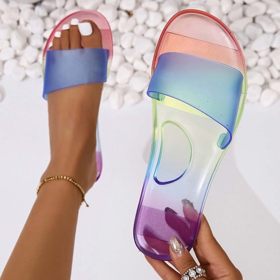 Women's New Summer One-line Flat Clear Jelly Candy Beach Slippers Sandals for Women 2025 Multicolor 38