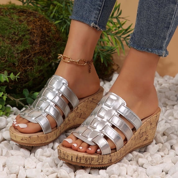 Women's New Summer Plus-size Muffin Fish Mouth Wedge Sandals Summer Sandals Silver 40