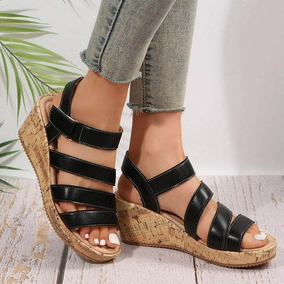 Women's New Summer Plus-size Muffin Fish Mouth Wedge Sandals Summer Sandals for Women Black 42