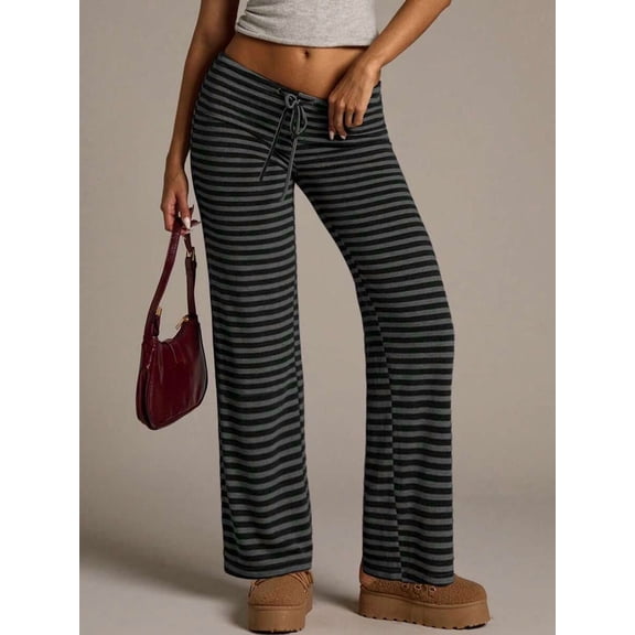 Women's New Summer/ Ultra Low Waist Dark Grey Striped Long Pants Lounge Casual 90s