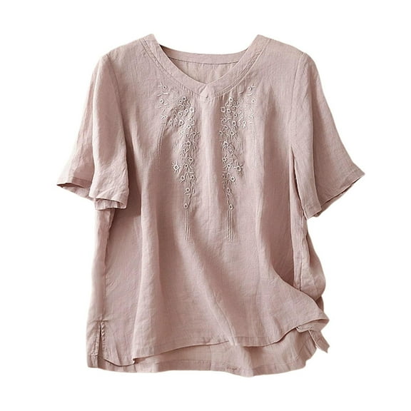Women's New Summer Vintage Linen Solid Color Embroidery V Neck Short Sleeve Shirt