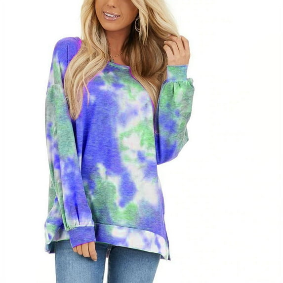 Women's New Tie-Dye Sweatshirts Split Long Sleeve Ladies T-shirt