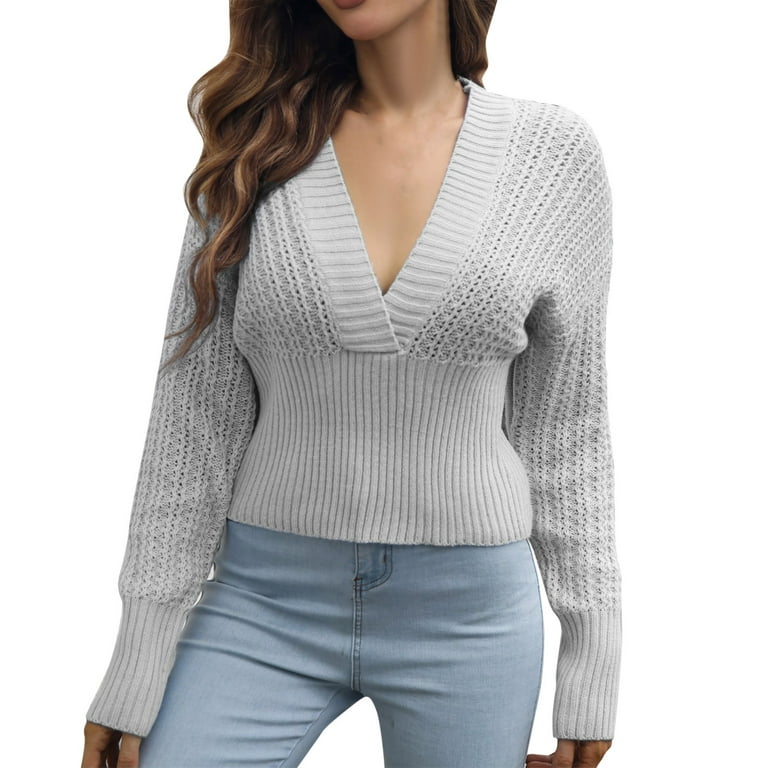 Women\'s New V Neck Long Sleeve Low Cut Pullover Oversized Loose Knit Sweater  Solid Color Tops Slim Jumper Sweaters Large Grey