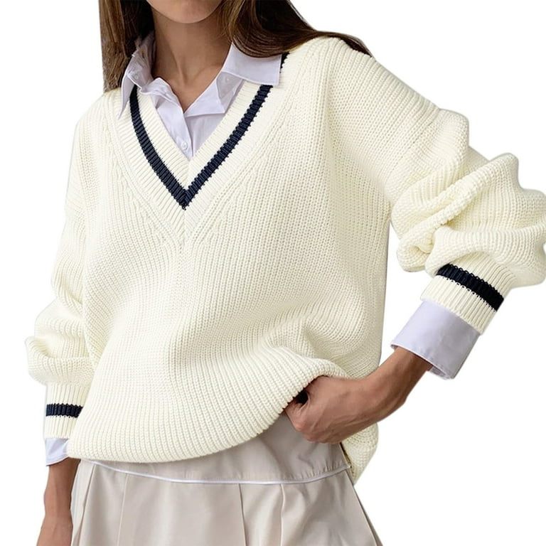 Women s New V Neck Long Sleeve Oversized Loose Slim Jumper Sweaters Solid Color Tops Low Cut Pullover Knit Sweater Medium White Walmart