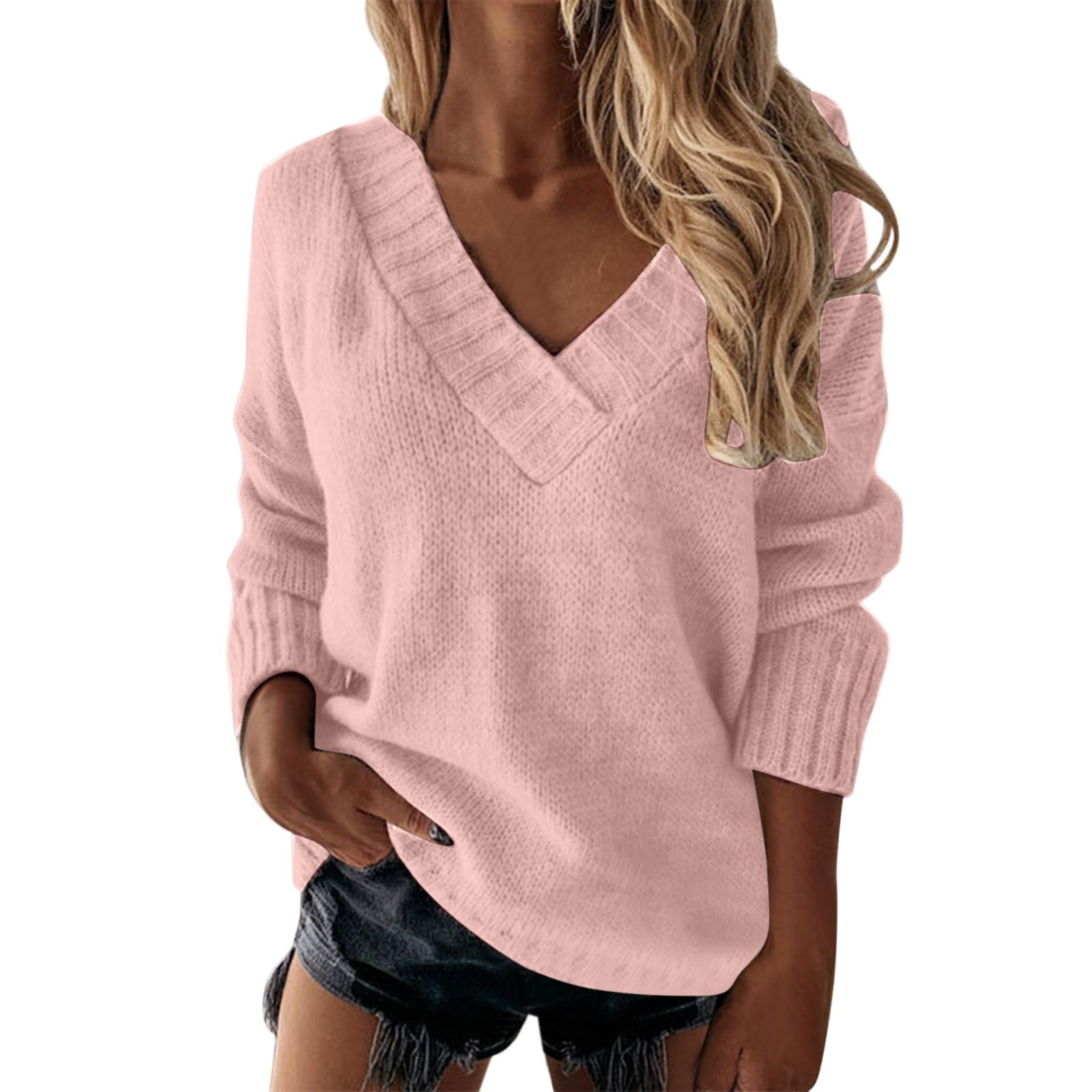 Women s New V Neck Long Sleeve Solid Color Tops Knit Sweater