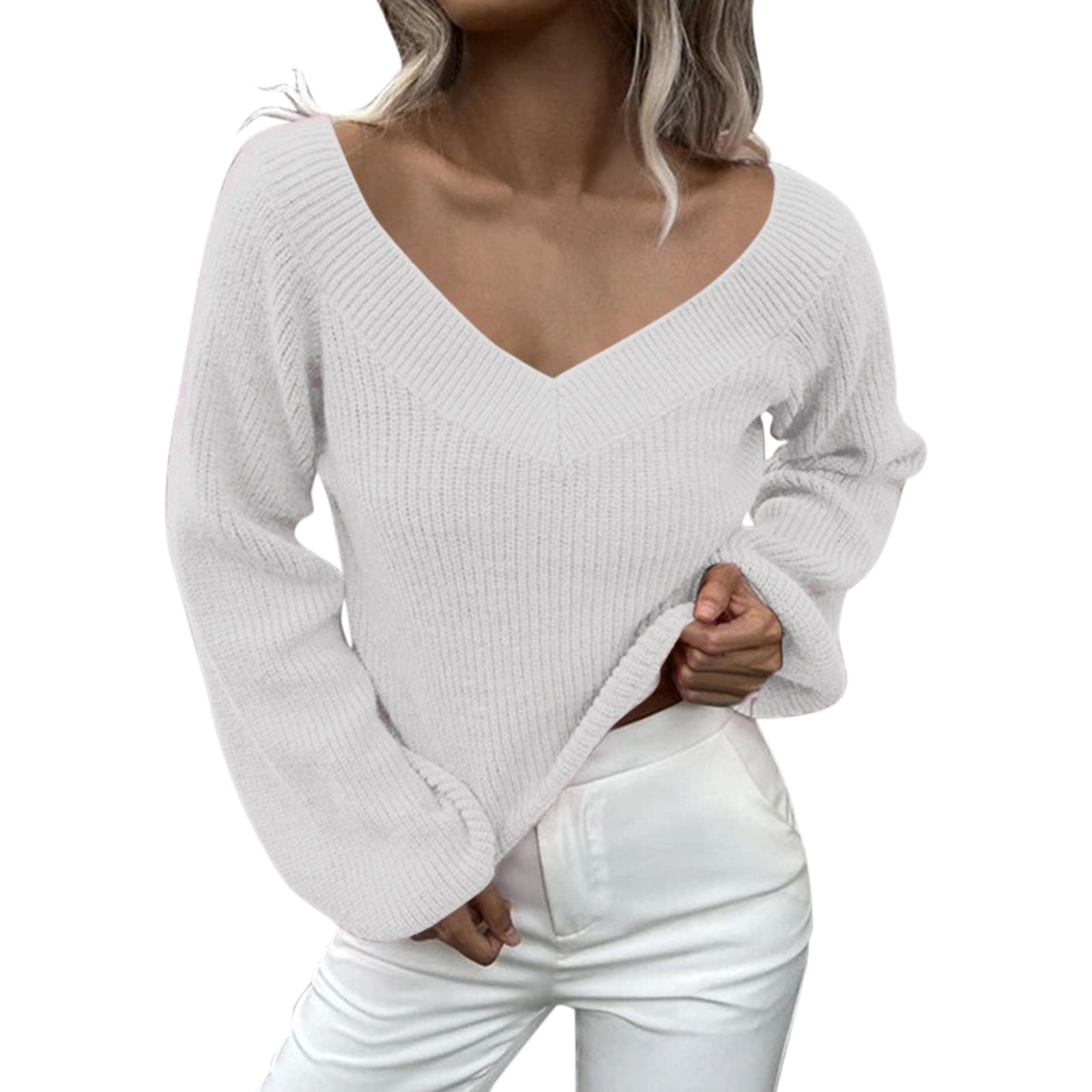 Women\'s New V Neck Long Sleeve Solid Color Tops Slim Jumper Sweaters Knit  Sweater Low Cut Pullover Oversized Loose Medium White