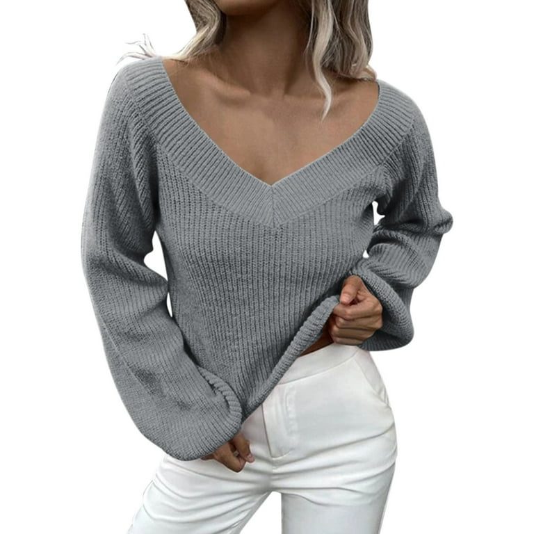 Women s New V Neck Long Sleeve Solid Color Tops Slim Jumper Sweaters Knit Sweater Low Cut Pullover Oversized Loose XX Large Grey