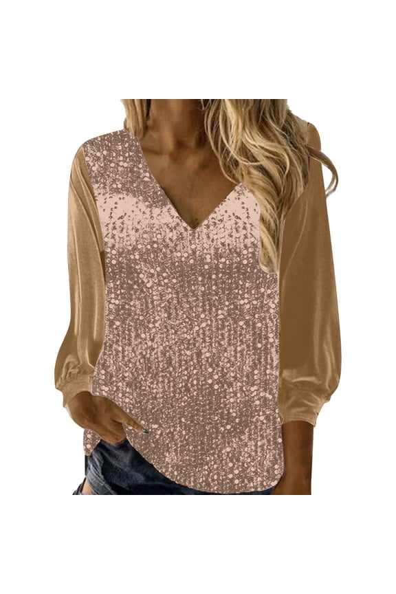 Women's New V Neck Shiny Sequin Top Elegant Sequin Long Sleeve Shirt Loose Version Of Sequin Shirt