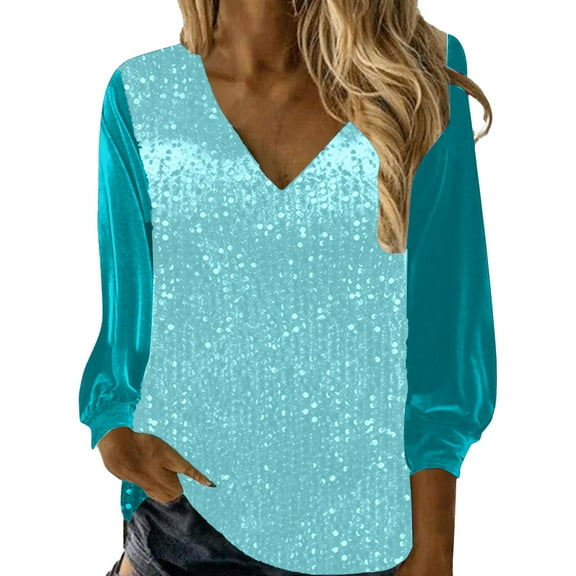 Women's New V Neck Shiny Sequin Top Elegant Sequin Long Sleeve Shirt Loose Version Of Sequin Shirt