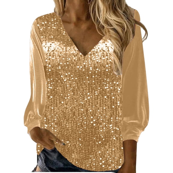 Women's New V Neck Shiny Sequin Top Elegant Sequin Long Sleeve Shirt Loose Version Of Sequin Shirt
