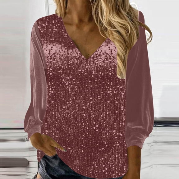 Women's New V Neck Shiny Sequin Top Elegant Sequin Long Sleeve Shirt Loose Version Of Sequin Shirt Women's Shirts Summer Women Tie Shirt Cool Long Sleeve Shirts for Women Port Shirts for Women Long