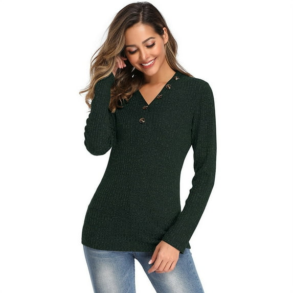 Women's New V-neck Buttons Sweater Long Sleeve Slim-Fit Solid Color Pullover Ladies Sweater