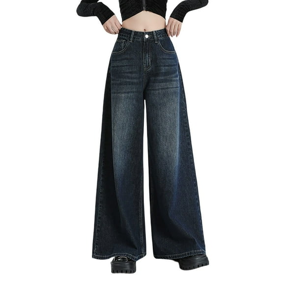 Women's New Wash High Waist Wide Leg Jeans Casual, Floral Design, Polyester Blend, Multiple Sizes Available
