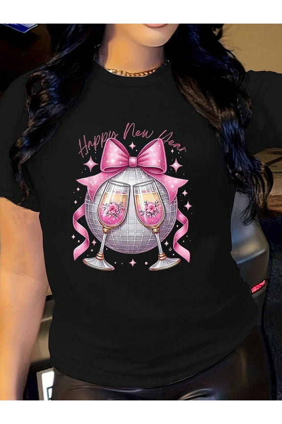 Women's New Year's Eve Party T-Shirt - Pink Bow & Champagne Glasses Disco Print With Happy New Year Text, Short Sleeve Crew Neck Casual Top For NYE Celebrations, Prom, Weddings