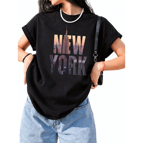Women's New York Graphic Print T-Shirt Casual Short Sleeve Crew Neck Oversized Tee Soft Cotton Summer Top