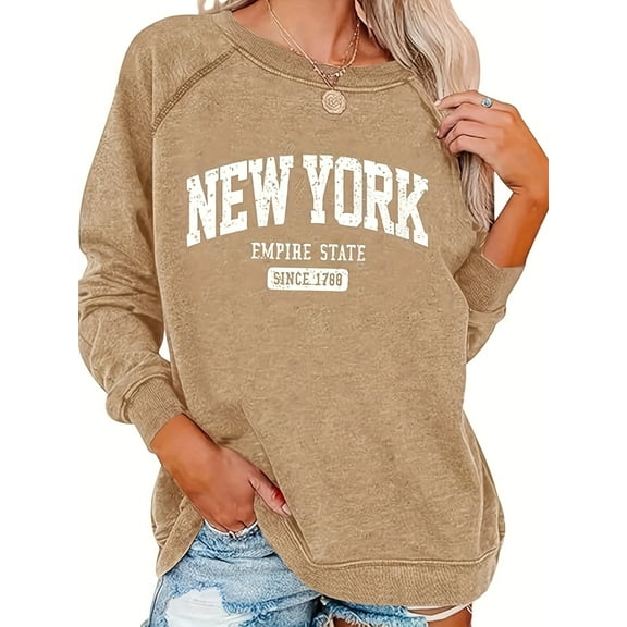 Women's New York Letter Print Sweatshirt Crewneck Long Sleeve Casual Loose Fit Pullover Shirt