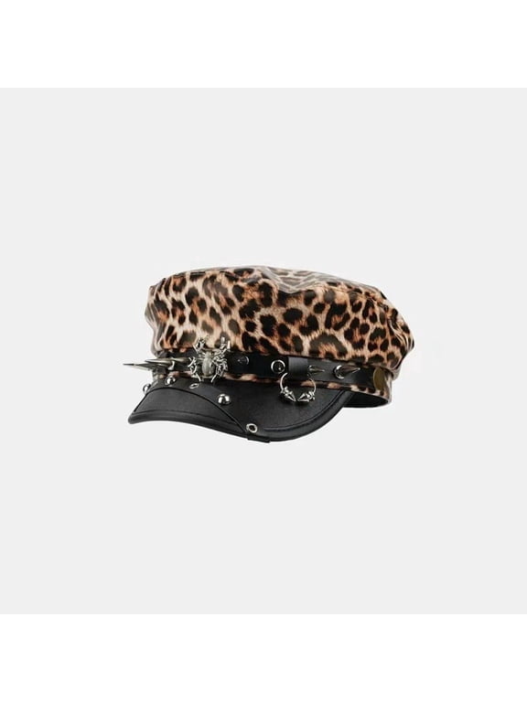 Women's Newsboy Cap Faux Leather Leopard Print Studs Beret Hat
