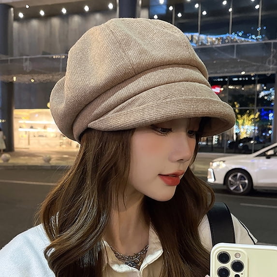 Women's Newsboy Cap - Vintage Wool Blend Thermal Beret with Brim, Warm Winter Hat for Daily Wear-Brown