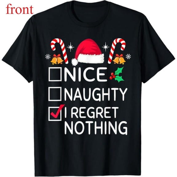 Women's "Nice Naughty I Regret Nothing" Christmas Graphic Breathable T Shirt Short Sleeve Round Neck Top Black S-5XL
