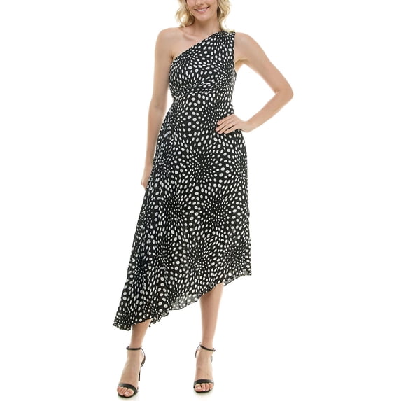 Women's Nicole Miller Keyhole Pleat One-Shoulder Asymmetric Hem Midi Dress Color: Black White Dot Size: 8