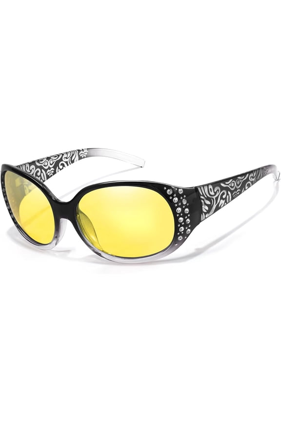 Women's Night Vision Glasses for Driving - Yellow Lens Reduce Headlights Glare UV Protection H8161