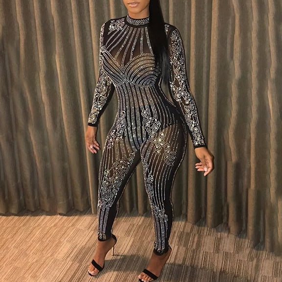 Women's Nightclub Sequin High Neck Long Sleeve Jumpsuit Evening Party Slim Fit Sexy Bodysuit Pin up Jumpsuit Vacation Rompers for Women Long Sleeve Womens Body Suit Eyelet Jumpsuit for Women