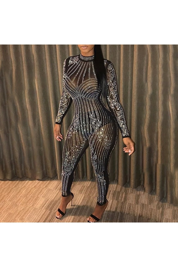 Women's Nightclub Sequin High Neck Long Sleeve Jumpsuit Evening Party Slim Fit Sexy Bodysuit Pin up Jumpsuit Vacation Rompers for Women Long Sleeve Womens Body Suit Eyelet Jumpsuit for Women