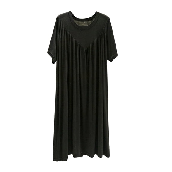 Women's Nightdress Cotton Pleated Plain Crew Neck Negligee Short Sleeves Soft Nightgown Nightwear