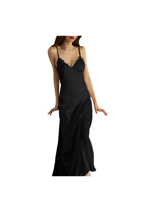 Women's Nightdress Lace Satin Nightgowns V Neck Backless Long Chemise Sleepwear Sleepshirt