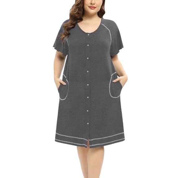 Women's Nightgown Button Down Sleepshirt Loungewear Short Sleeve V Neck Sleepwear with Pocket Soild Pajamas Dress Plus Size,Gray XL-4XL