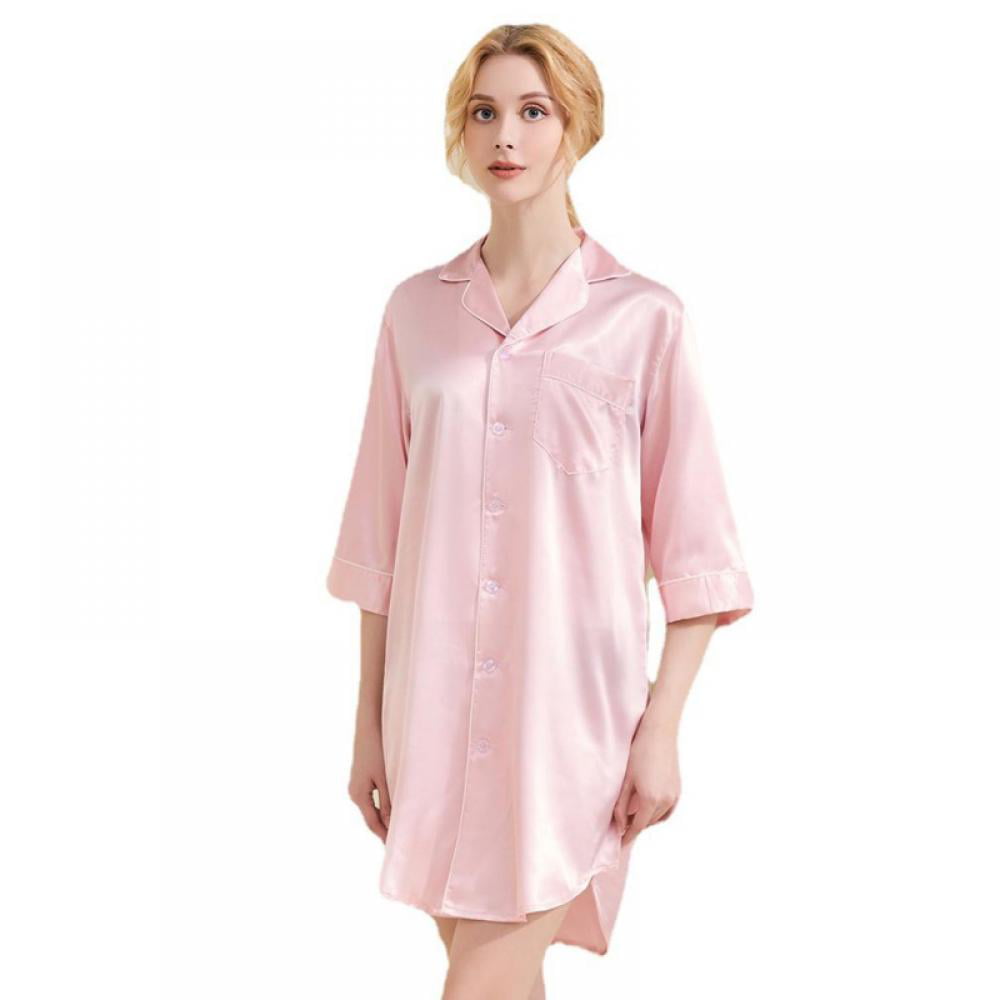 Women's Nightgown Button Down Sleepshirt Satin 3/4 Sleeve Nightshirt  Boyfriend Notch Collar Sleepwear 