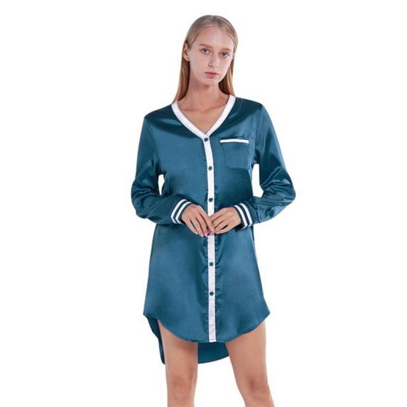Women's Nightgown Button Down Sleepshirt Satin Long Sleeve Nightshirt Boyfriend V Collar Sleepwear