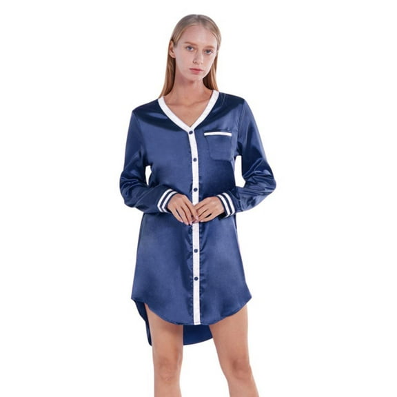 Women's Nightgown Button Down Sleepshirt Satin Long Sleeve Nightshirt Boyfriend V Collar Sleepwear