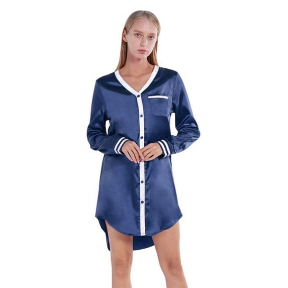 Women's Nightgown Button Down Sleepshirt Satin Long Sleeve Nightshirt Boyfriend V Collar Sleepwear