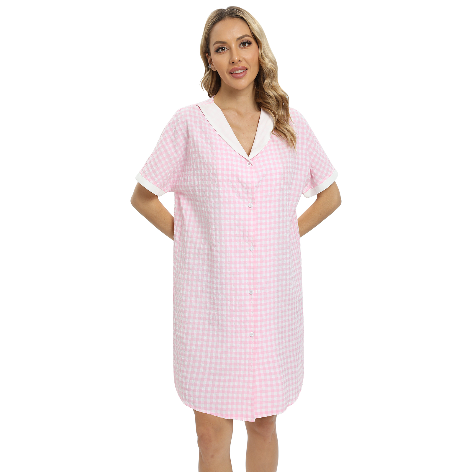 Women's Nightgown Cotton Linen Plaid Nightdress Short Sleeve Housecoat ...