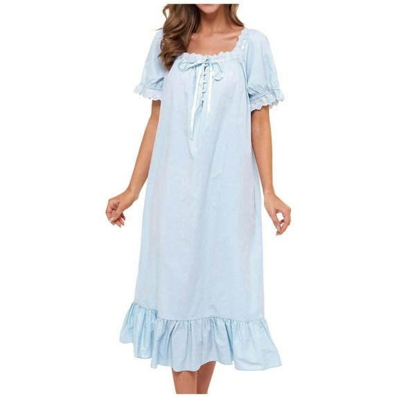 Women's Nightgown Cotton Sleepwear Long Loungewear Short Sleeve Vintage Blue L